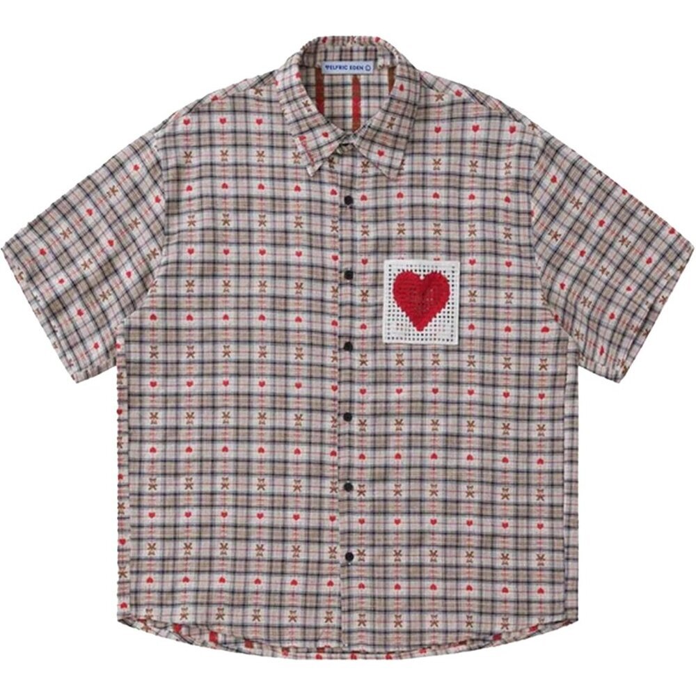 Women's Cotton Plaid Heart Short Sleeve Shirt Casual Streetwear Large